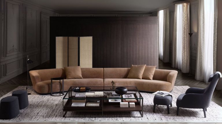 Maxalto living room with a solid wood and leather sofa at BeDESIGN Houston